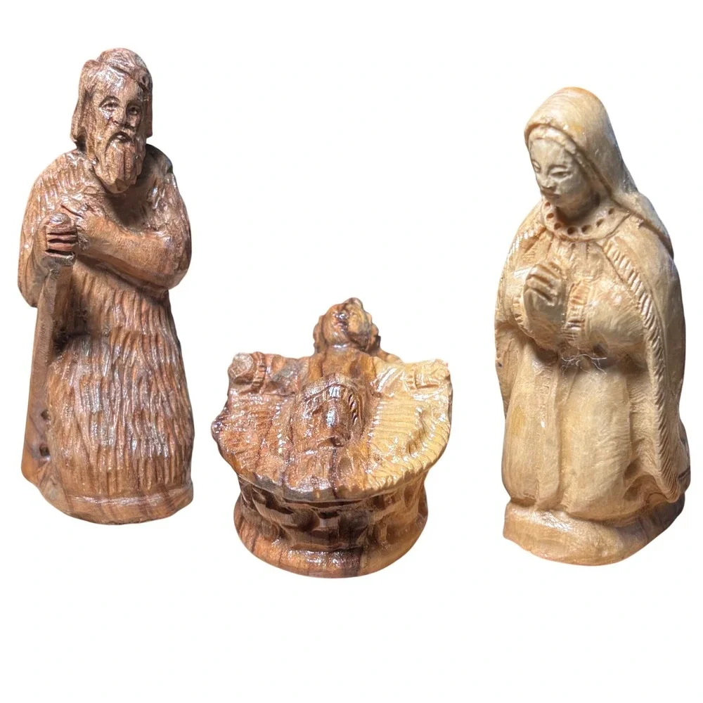 Antique Hand Carved Olive Wood Nativity Set 12 Piece Jerusalem Signed‎ by Artist